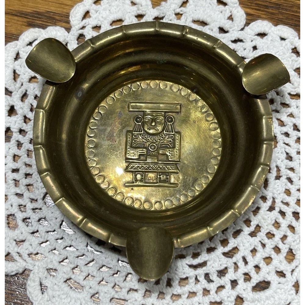 Vintage Small Brass Bronze Colored Lightweight Ash Tray Aztec Design